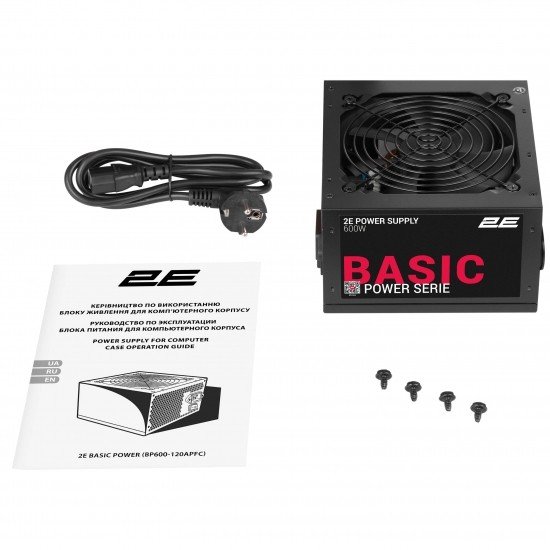 2E Блок питания 2E BASIC POWER (600W), 230V, 80%, APFC, 120мм, MB(20+4), CPU(4+4), 4xSATA, 2xPCIe(6+2),