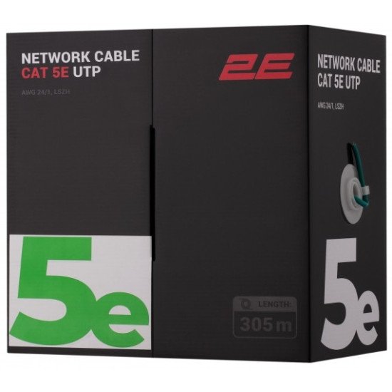2E CAT 5e UTP, 305m, AWG 24/1, LSZH 305M/Easy pull box packin  | green