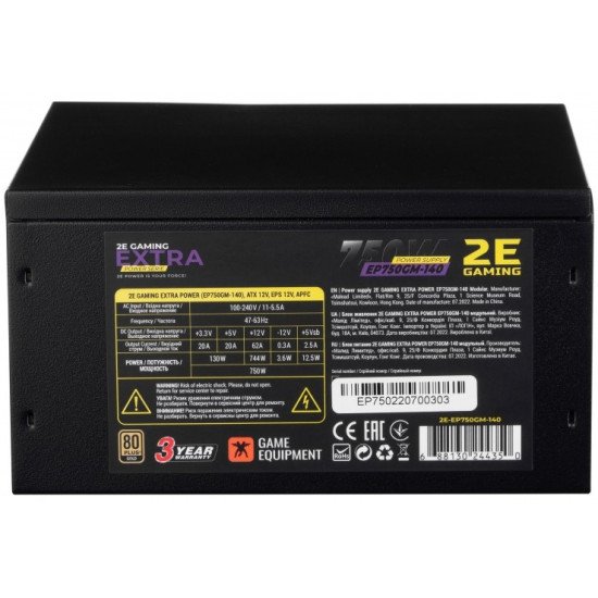 2E Блок питания 2E EXTRA POWER (750W), 110-240V, >85%, 80+Gold, APFC, 140мм, MB(20+4), CPU(4+4), 6xSATA