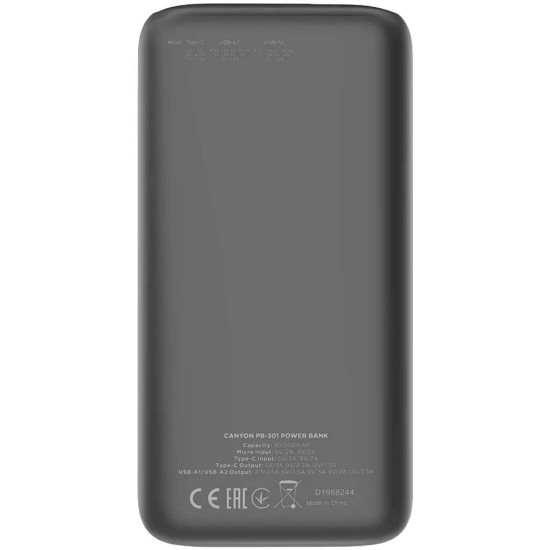 CANYON Power Bank PB-301 30000mAh черный: Быстрая зарядка для всех ваших устройств в Ташкенте